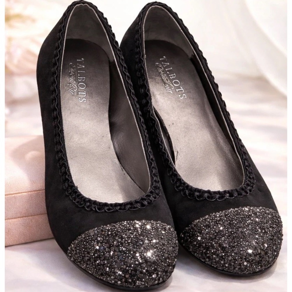 Talbots Jacqui Ballet Flats Womens 6 M Black Dressy Glitter Cap Toe Slip On